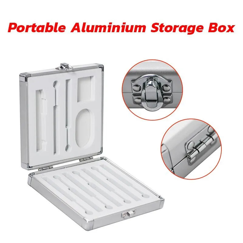 Silver aluminium storage box for soldering iron with dimensions 154mm x 147mm x 36mm.
