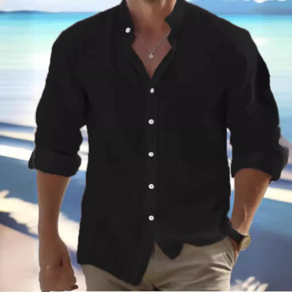Men's light grey long-staple cotton casual beach shirt with collaged stitching detail.
