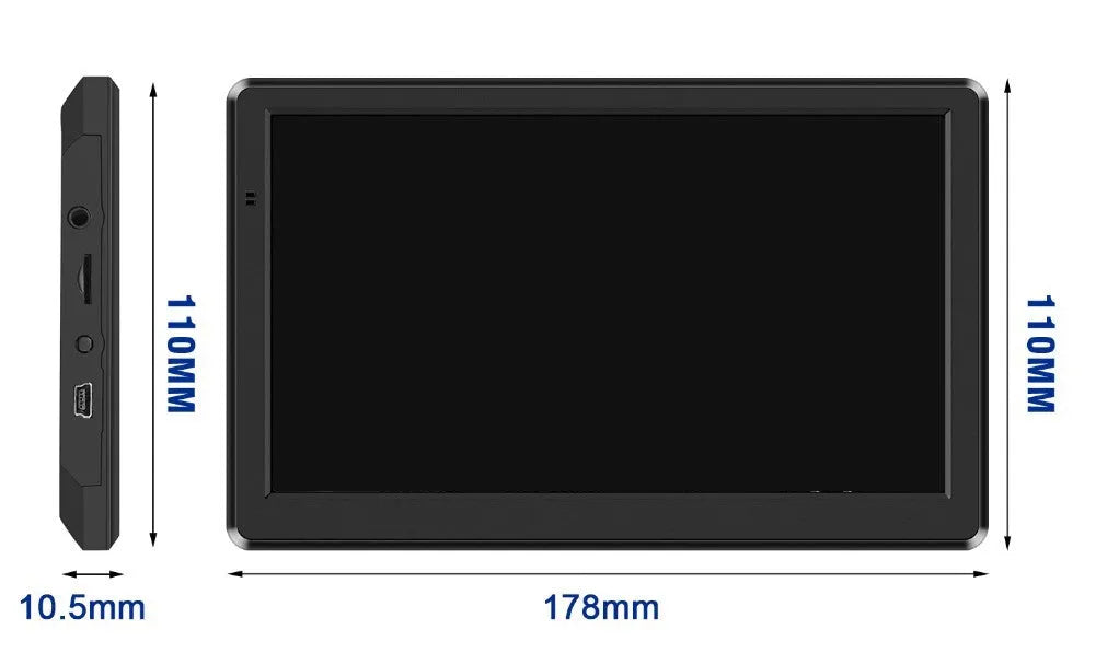 7 inch car GPS navigation device with touch screen display showing maps
