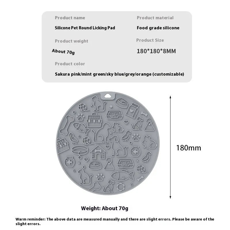 Round silicone pet licking mat with textured surface and central sucker in blue colour option