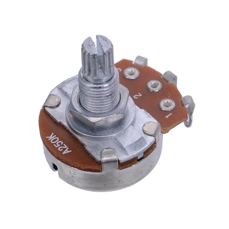 A single metal control knob for an electric guitar potentiometer.