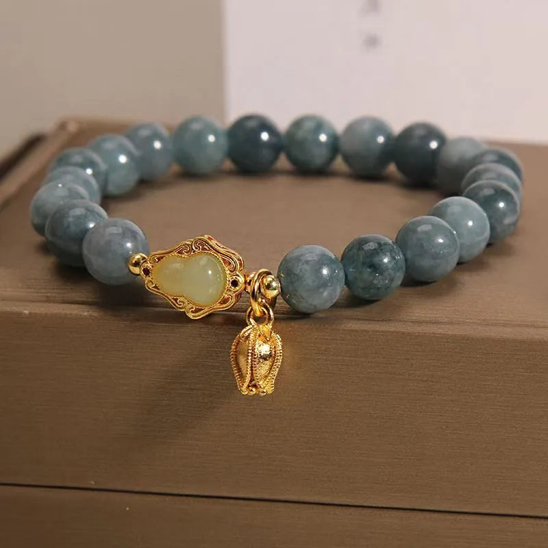 Blue natural stone bracelet with gourd lotus pendant and flower-shaped beads for women