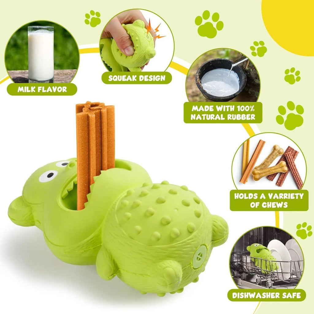 Green and yellow thick natural rubber squeaky dog chew toy for aggressive chewing dogs
