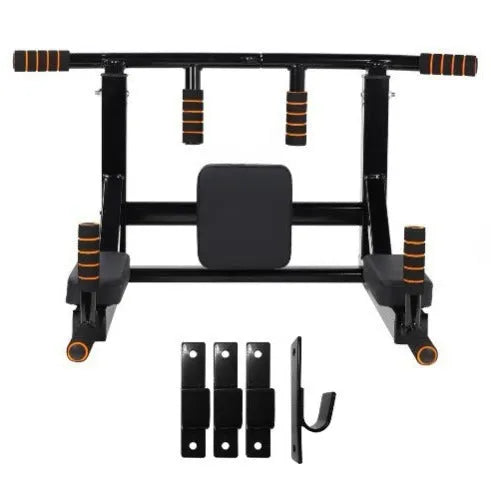 Black steel wall-mounted fitness rack with sandbag hanger, parallel bars, and pull-up bar.