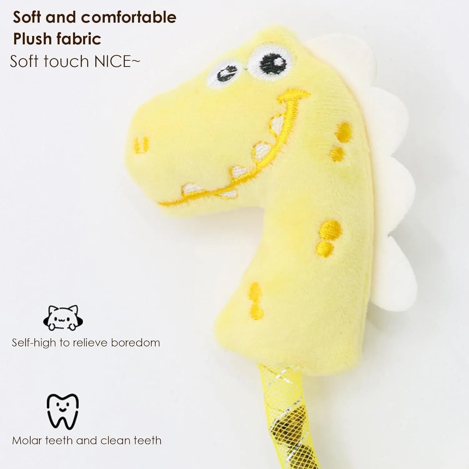 Four cat toys set showing catnip rope, plush mouse, plush fish, and plush bunny in pink, purple, yellow colours