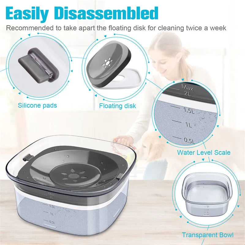 Transparent 2-litre dog water bowl with floating slow-feed disk and non-slip frosted base