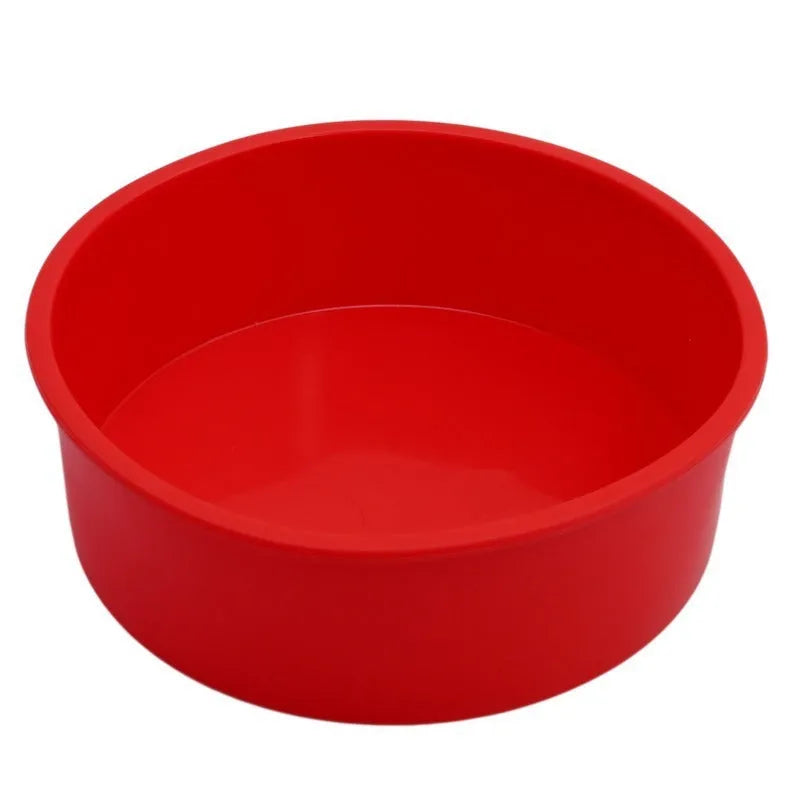 Red silicone round cake baking mould showing three size options for home baking