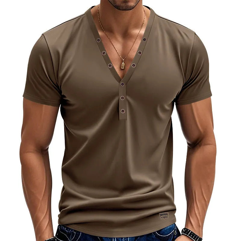 Men's loose thin V-neck pullover top in a solid colour with button detail