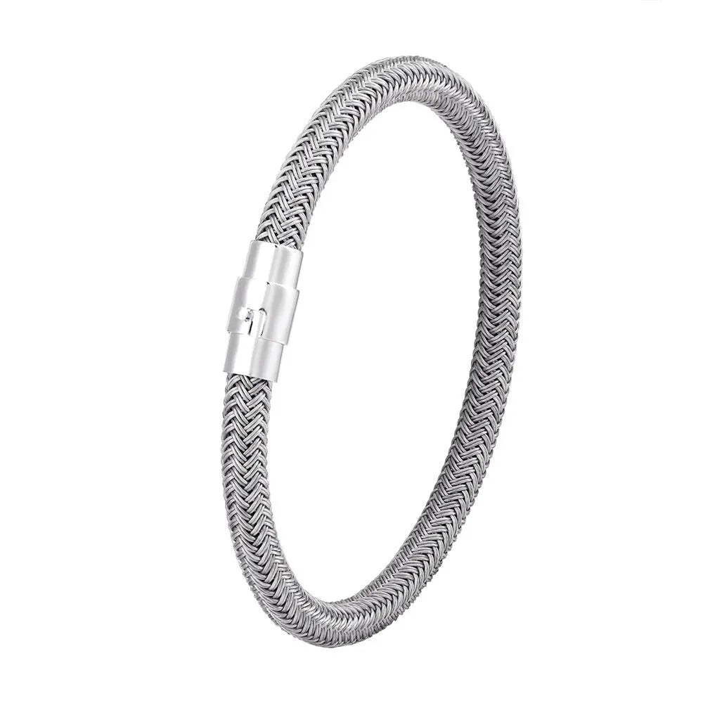 Men's titanium steel wire bracelet with a magnetic clasp, shown in a geometric design.