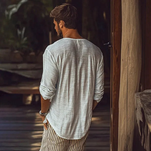 Beige men's slim fit long-sleeved V-neck T-shirt laid flat.