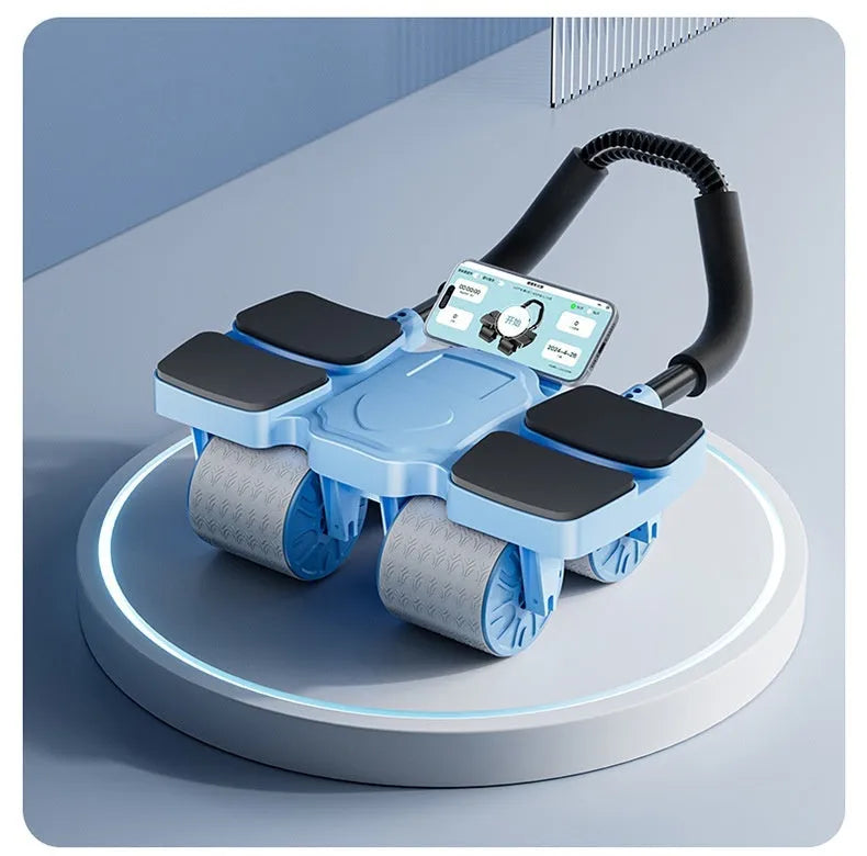 Automatic rebound abdominal wheel with four blue wheels on a grey floor.
