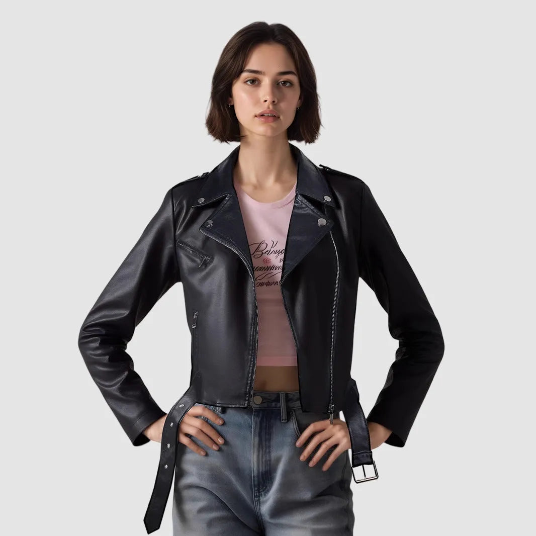 Women's black PU leather motorcycle jacket with a lapel and waist belt.