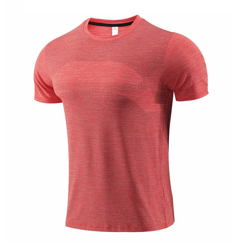 Red polyester spandex running t-shirt with short sleeves for sports