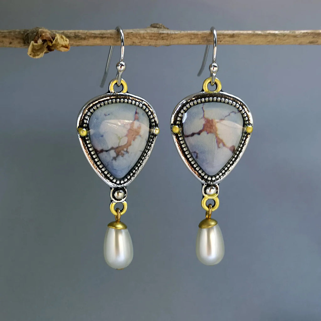 Retro blue geometric drop earrings with synthetic opal and pearl details on electroplated metal