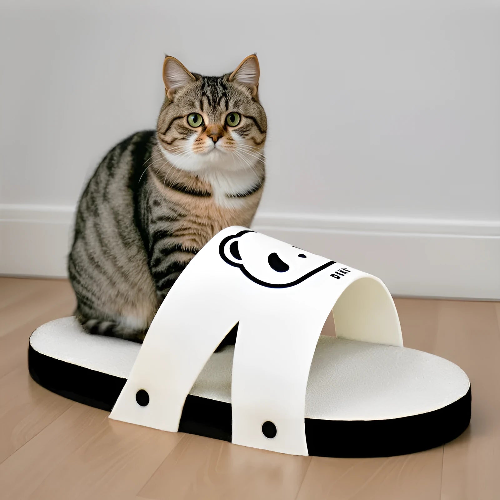 White corrugated paper cat scratch board in slipper-style design for furniture protection