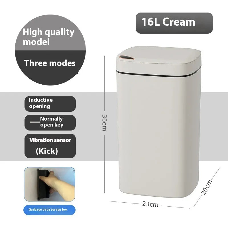 Square intelligent automatic sensor dustbin with induction opening lid in milky white