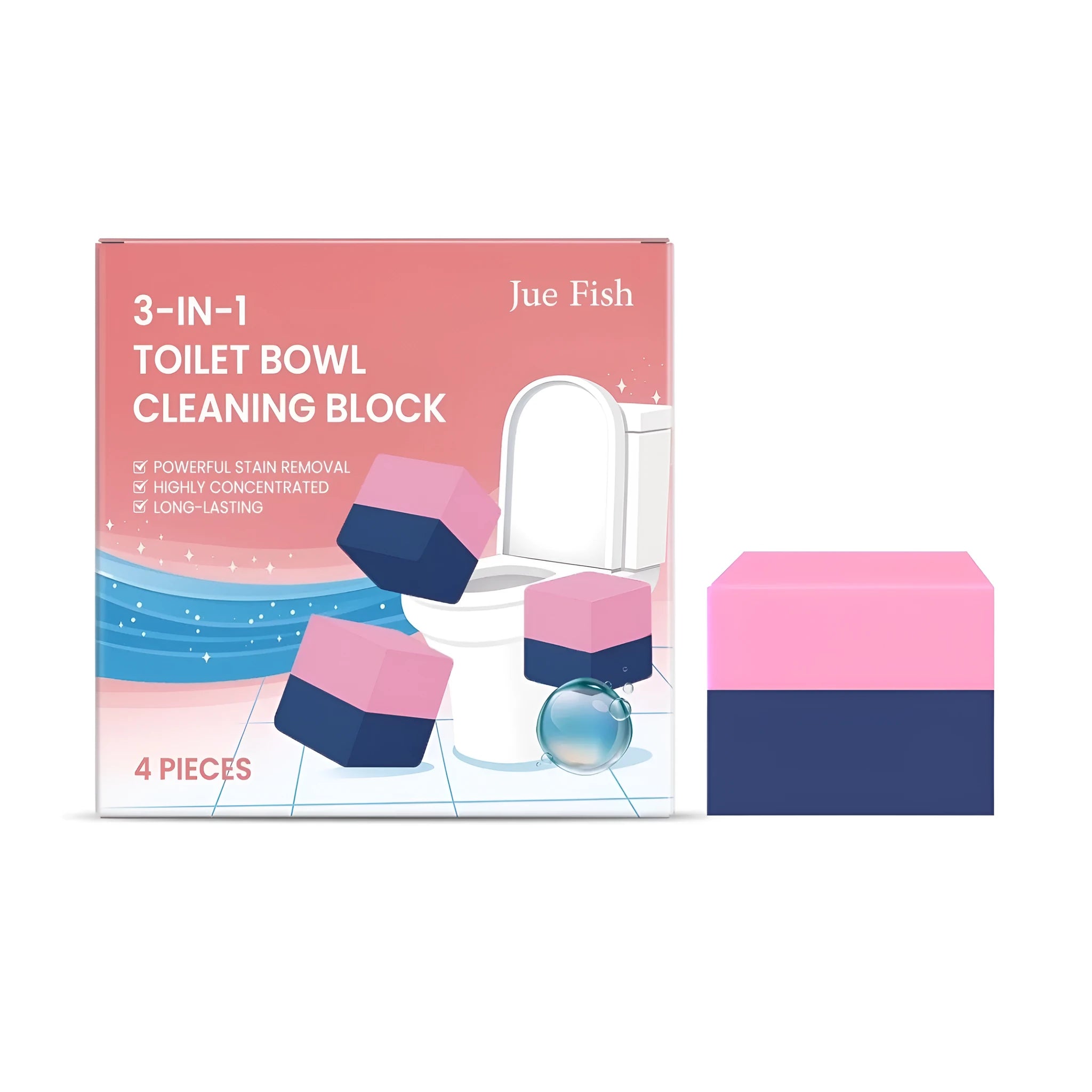 Four toilet cleaning blocks in packaging with sodium bicarbonate and citric acid ingredients