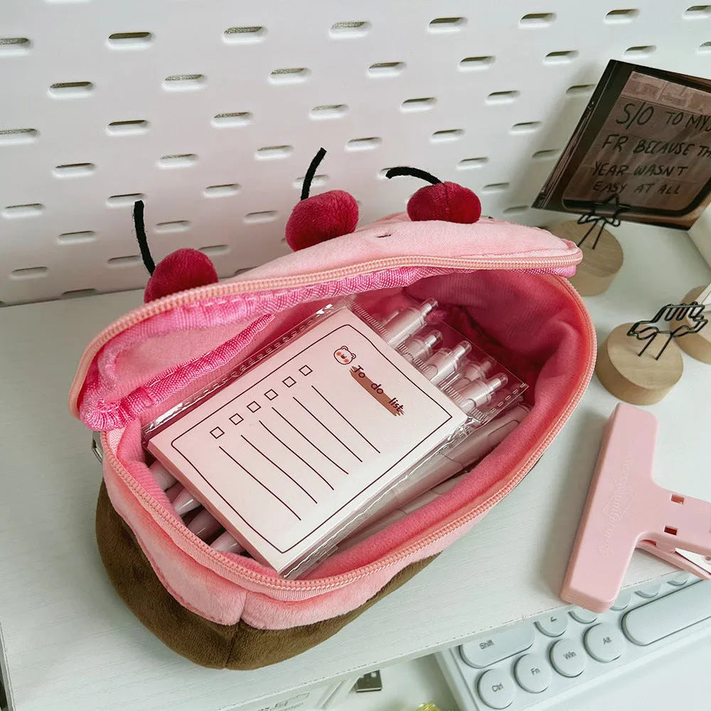 Cherry Cake coloured velvet plush pencil bag in a Korean style.