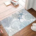 Modern square polyester flannel floor mat in a coastal starfish print, showing size options.