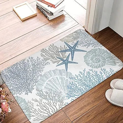 Modern square polyester flannel floor mat in a coastal starfish print, showing size options.