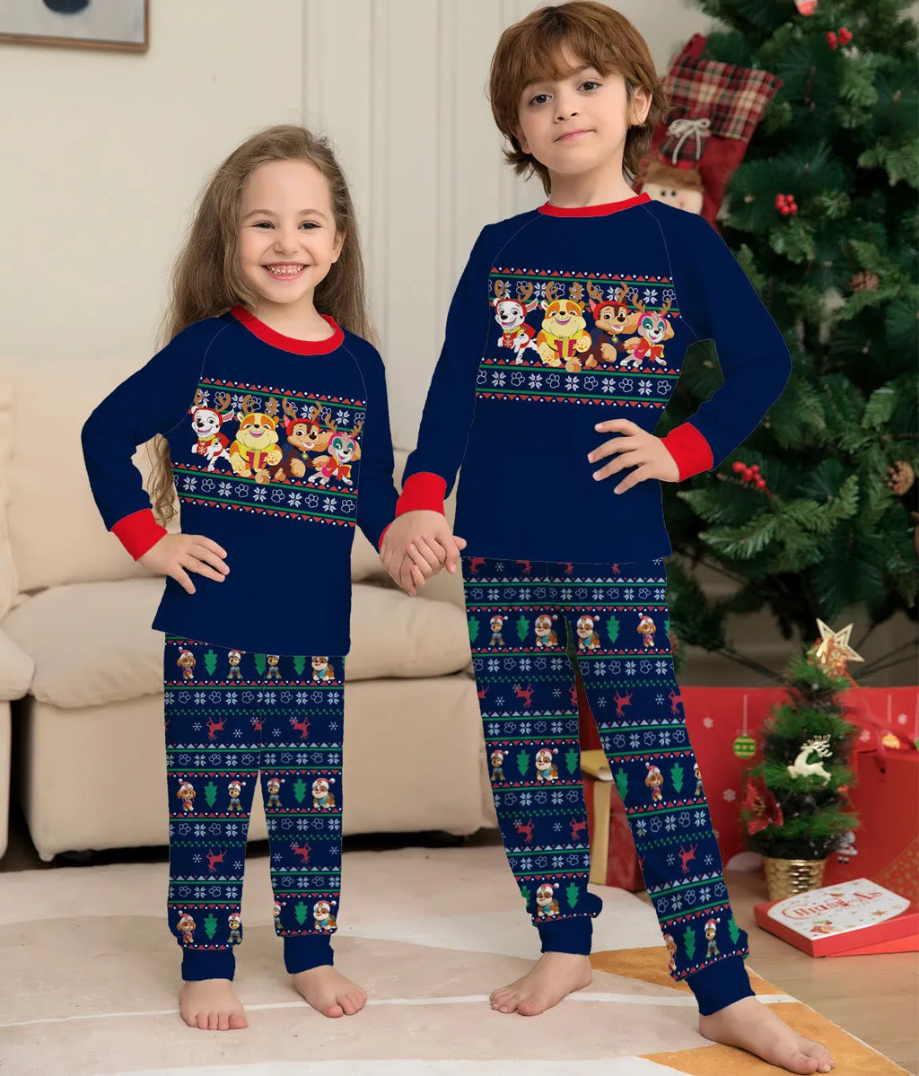 Matching red plaid Christmas pyjamas with deer print for family, including dog, in various sizes.