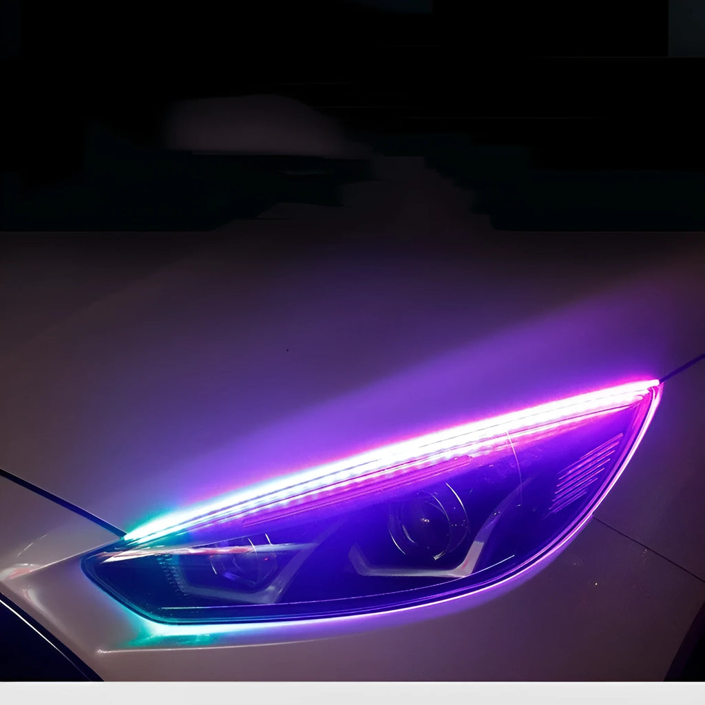 Colourful RGB LED daytime running light strip with remote control for vehicles.