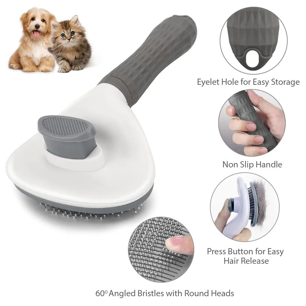 Blue cat grooming brush with a release button for removing loose fur and tangles