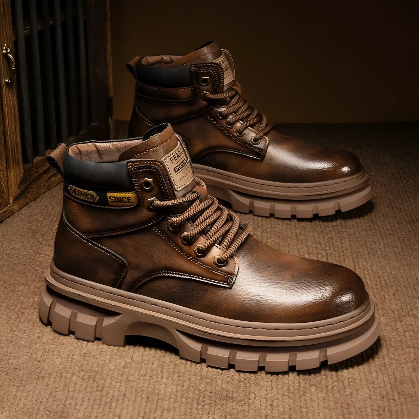 Men's brown Martin boots with lace-up front, round toe, and rubber sole.