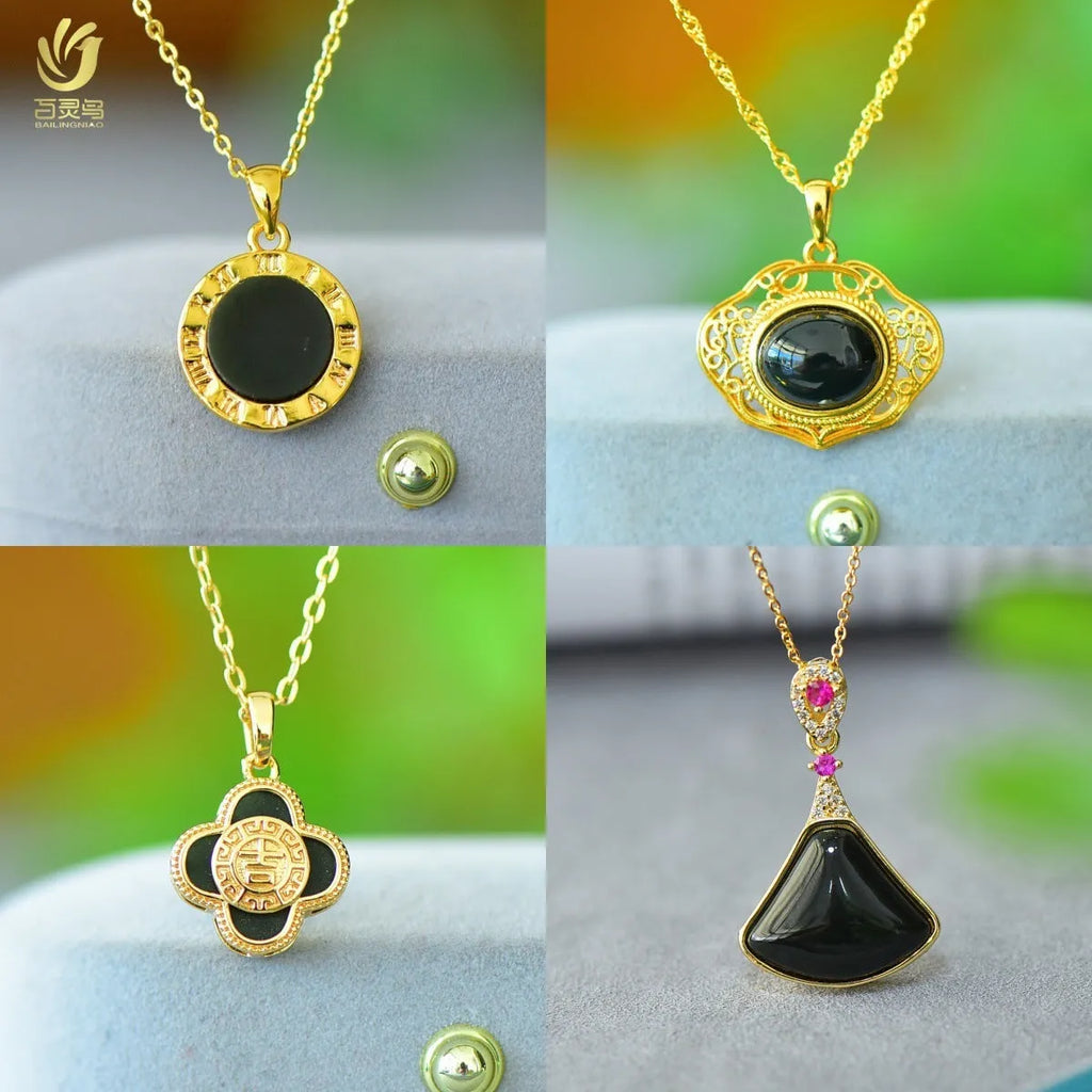 Natural Hetian jade flat pendant with copper inlay showing grey and ink blue stone variations on necklace