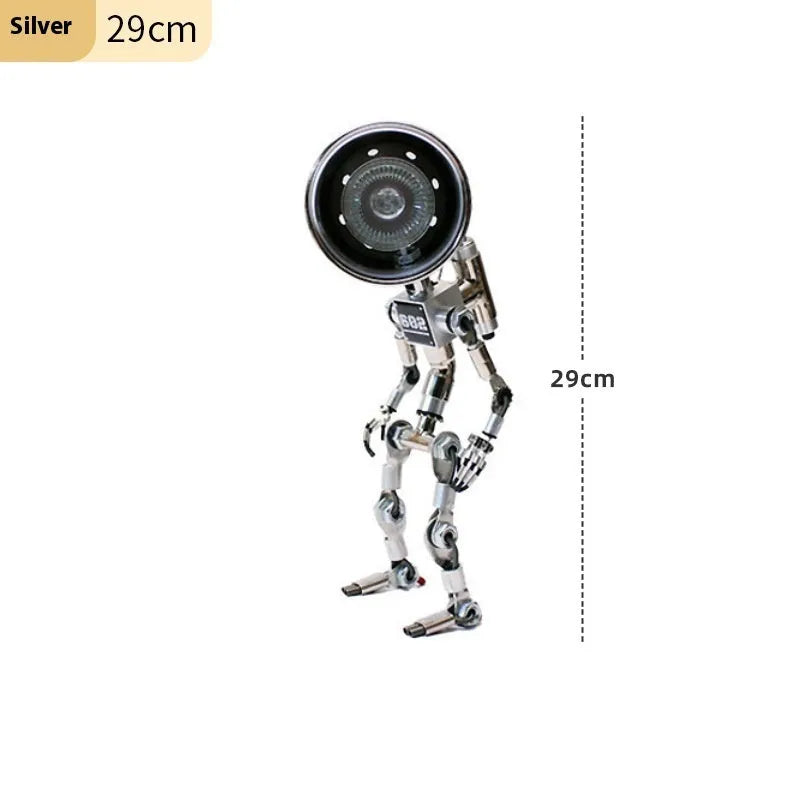 Silver or copper metallic robot-shaped desk lamp in 22cm or 29cm size with customisable graphics.
