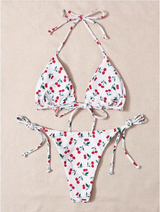 Holiday split halter bikini set in picture colour with backless briefs