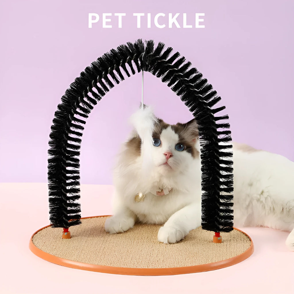 Black cat arch brush scratching post with attached plush mouse toy on non-slip base