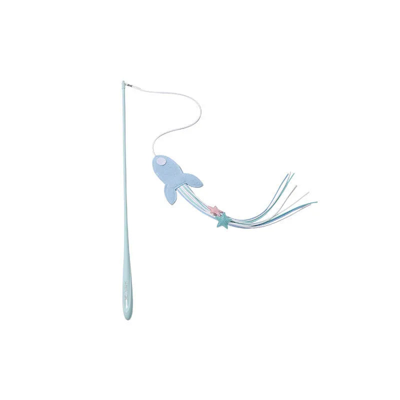 Blue and green cat teaser wands with feather attachments and long bite-resistant poles
