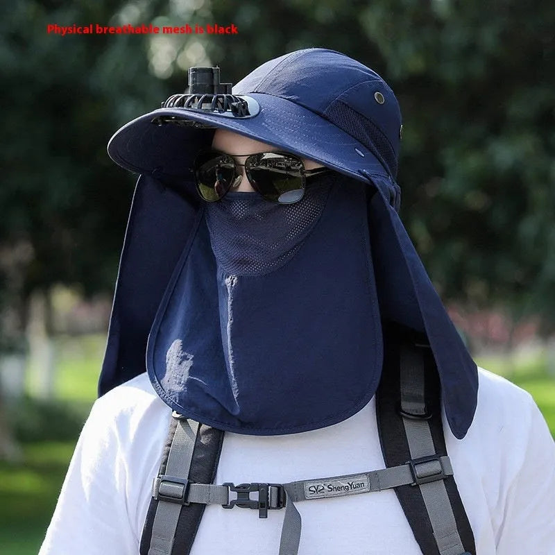 Men's sun protection hat with USB fan and integrated neck shawl in khaki colour