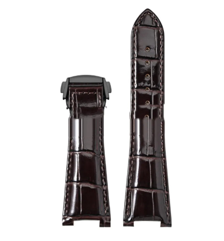 Bamboo pattern leather watch band for Observatory watches in black with silver buckle