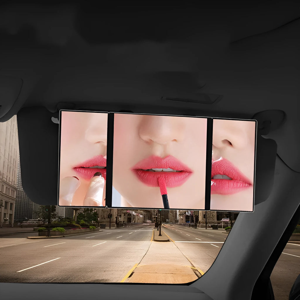 Silver car folding makeup mirror shown both closed and opened positions