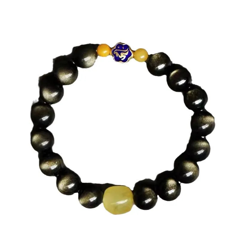 Golden obsidian bracelet with 10mm geometric zodiac beads on adjustable cord