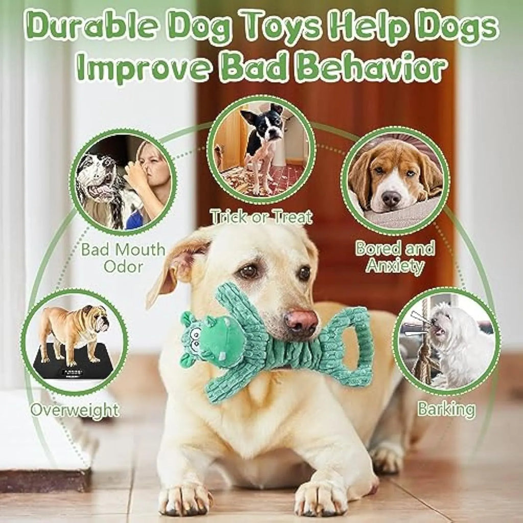 Large plush squeaky dog toy in Hippo or Monkey style with a handle for tug of war.