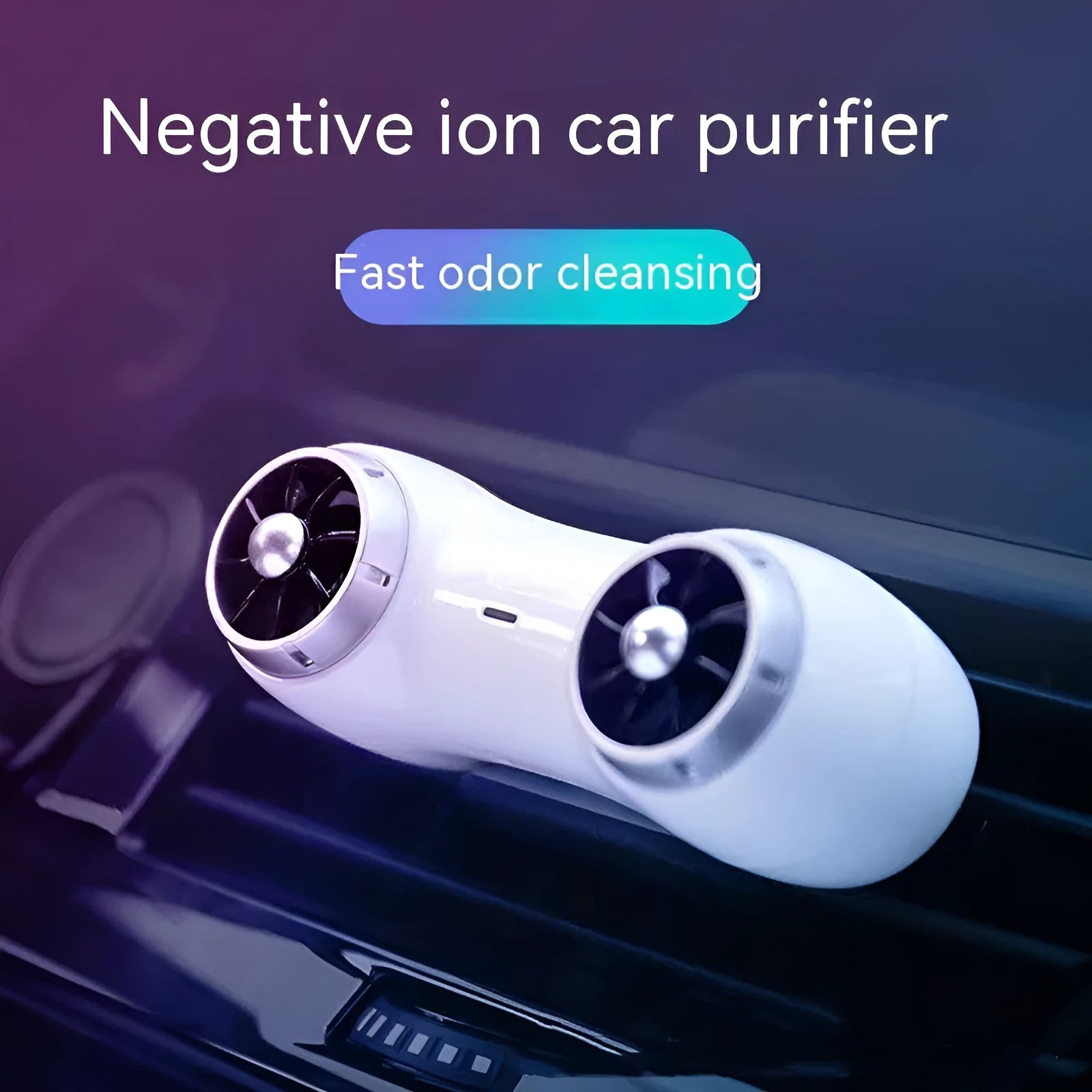 Black and white compact car air purifier and aromatherapy diffuser unit with USB Type-C cable.