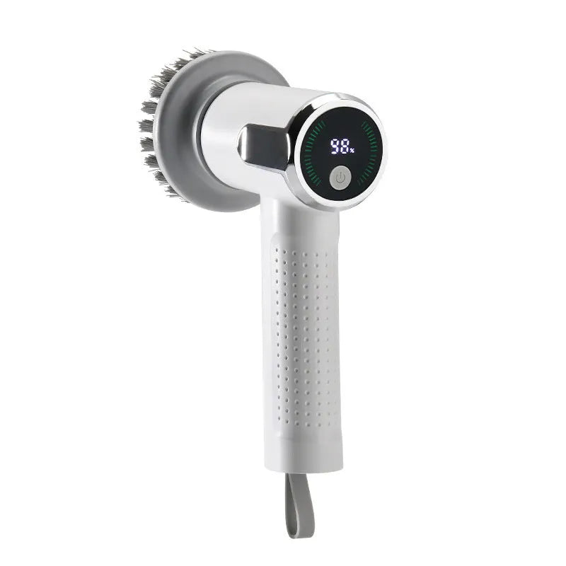 White wireless electric cleaning brush with replaceable heads and smart display for kitchen and bathroom use