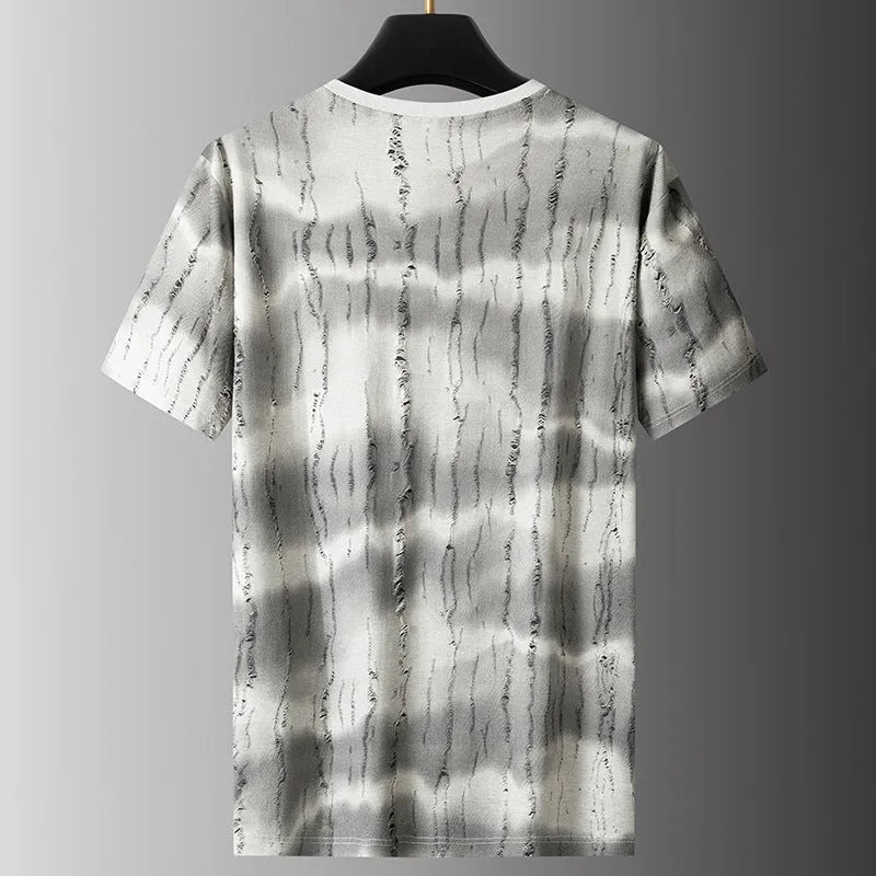 Men's grey plus size silk t-shirt with round neck and short sleeves for summer wear