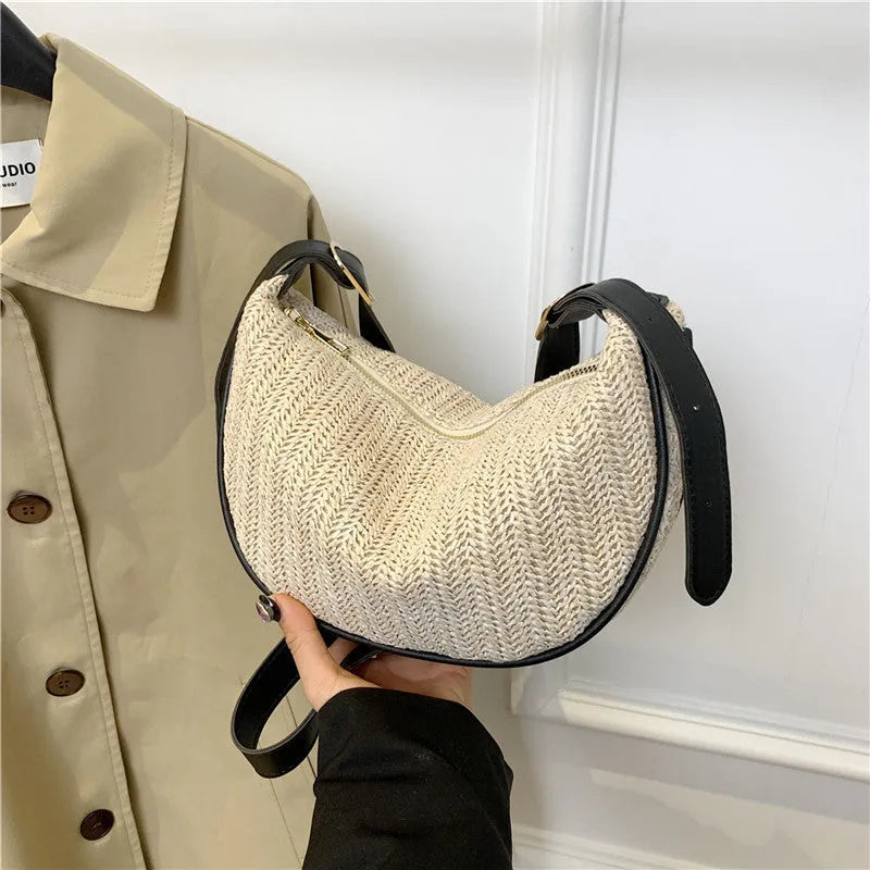Women's straw woven crossbody bag with internal phone pocket and document compartment in corrugated brown