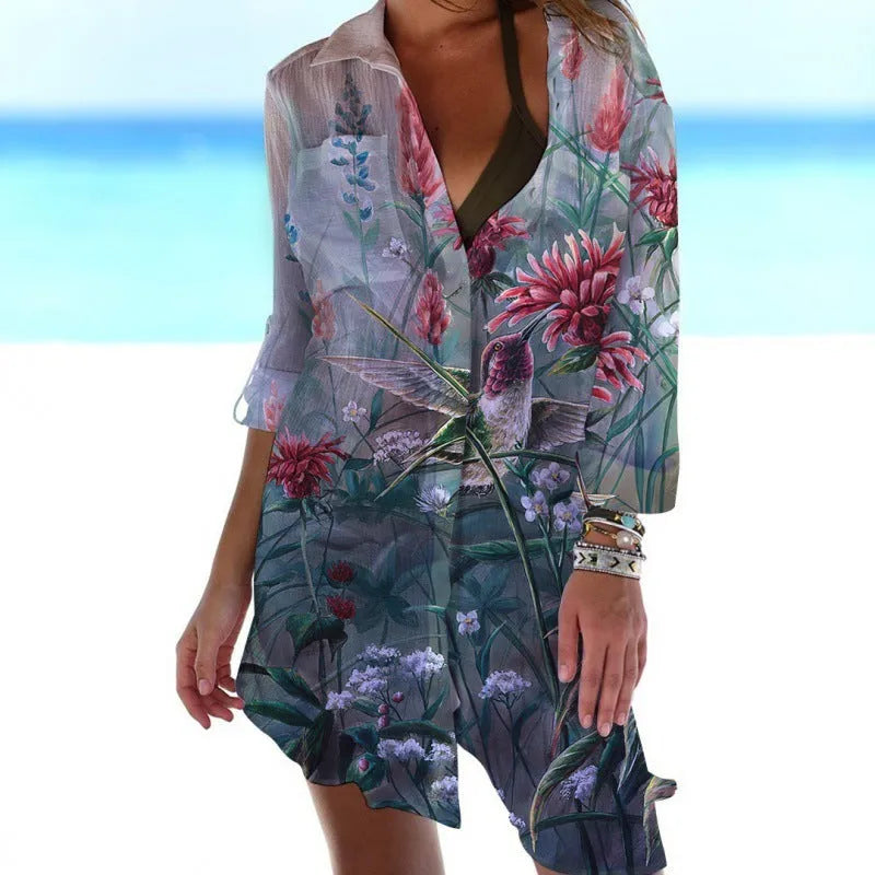 Women's 3D printed bird-and-flower pattern beach cover-up shirt in slim-fit cardigan style