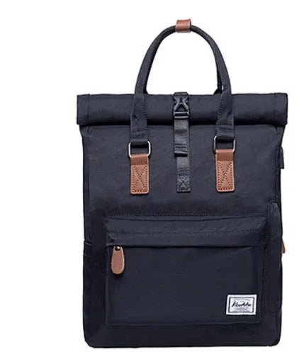 Casual black polyester backpack with cover opening, shown with laptop pocket and zipper compartment.