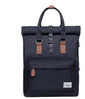 Casual black polyester backpack with cover opening, shown with laptop pocket and zipper compartment.