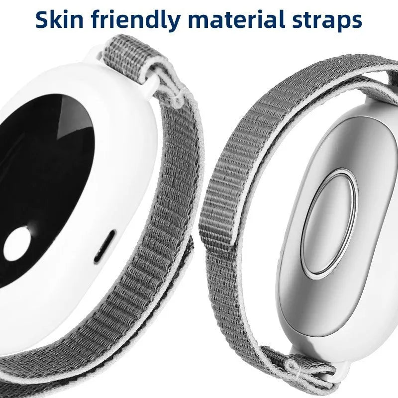 White handheld sleep aid device with remote control and adjustable intensity settings