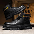 Men's brown Martin boots with lace-up front, round toe, and rubber sole.