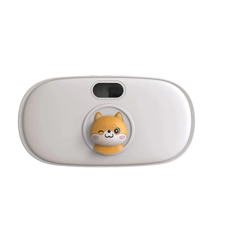 Rechargeable stomach heating pad with cute cat beige flannel cover showing 2000mAh battery and 45-65°C adjustable temperature