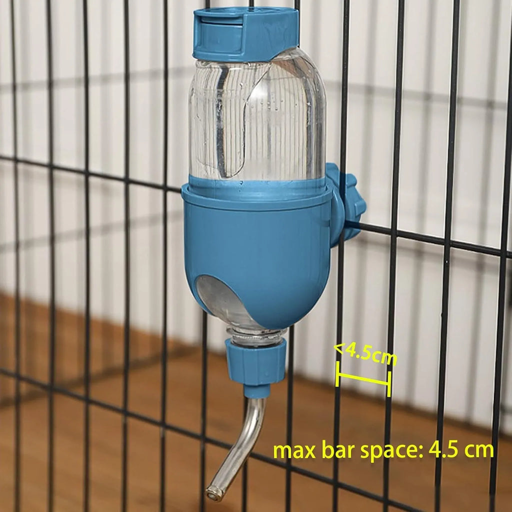 Blue pet water bottle with rotatable nozzle mounted on small animal cage