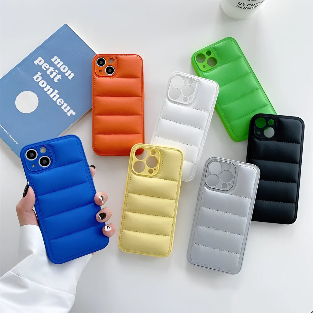 Fashion solid colour down jacket phone case for iPhone showing quilted texture